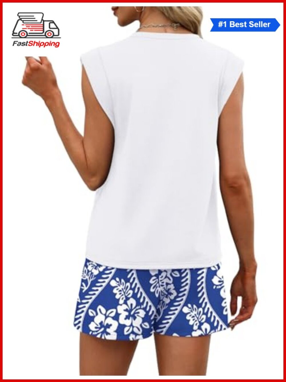 ✨ Two Piece Short Set Sleeveless Top Ruch Drawstring Shorts Pockets Polyester - Picture 4 of 6